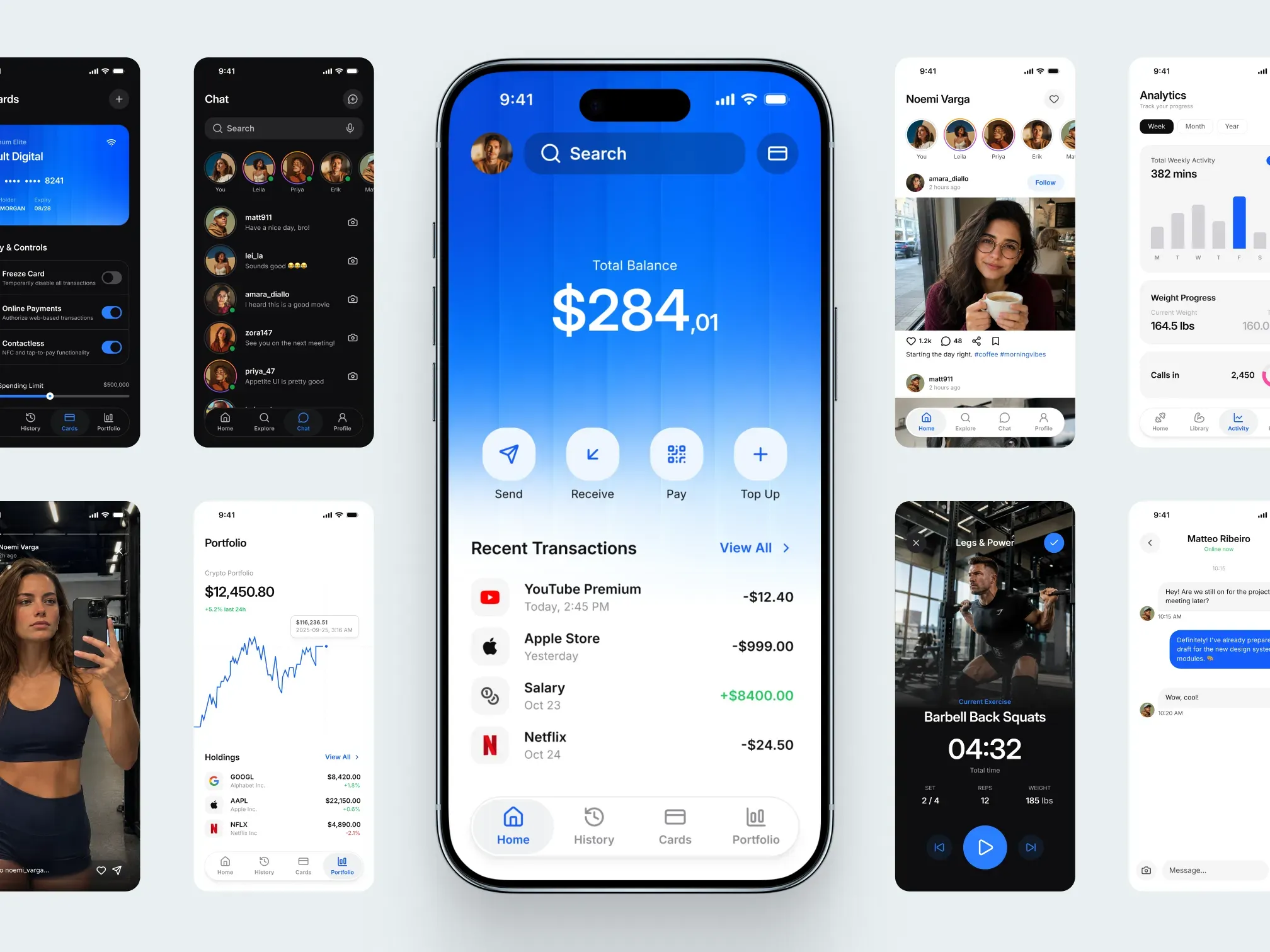 Appetite UI screens for finance, chat, fitness and analytics apps