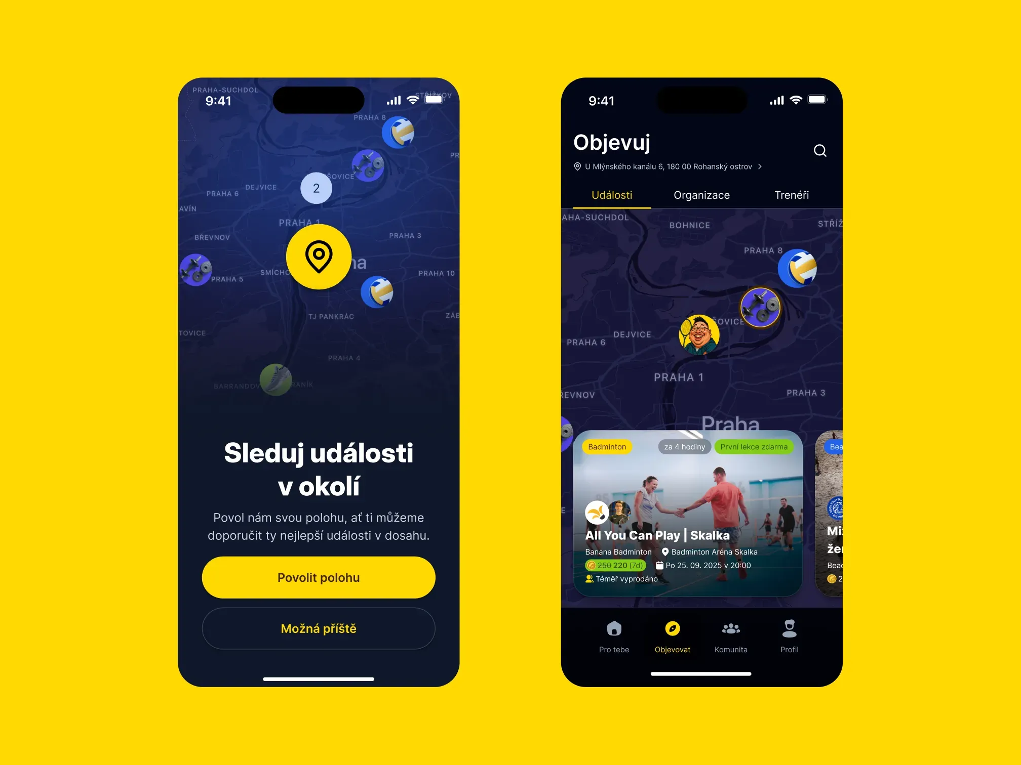 Banana Sport app screens with a map of nearby events