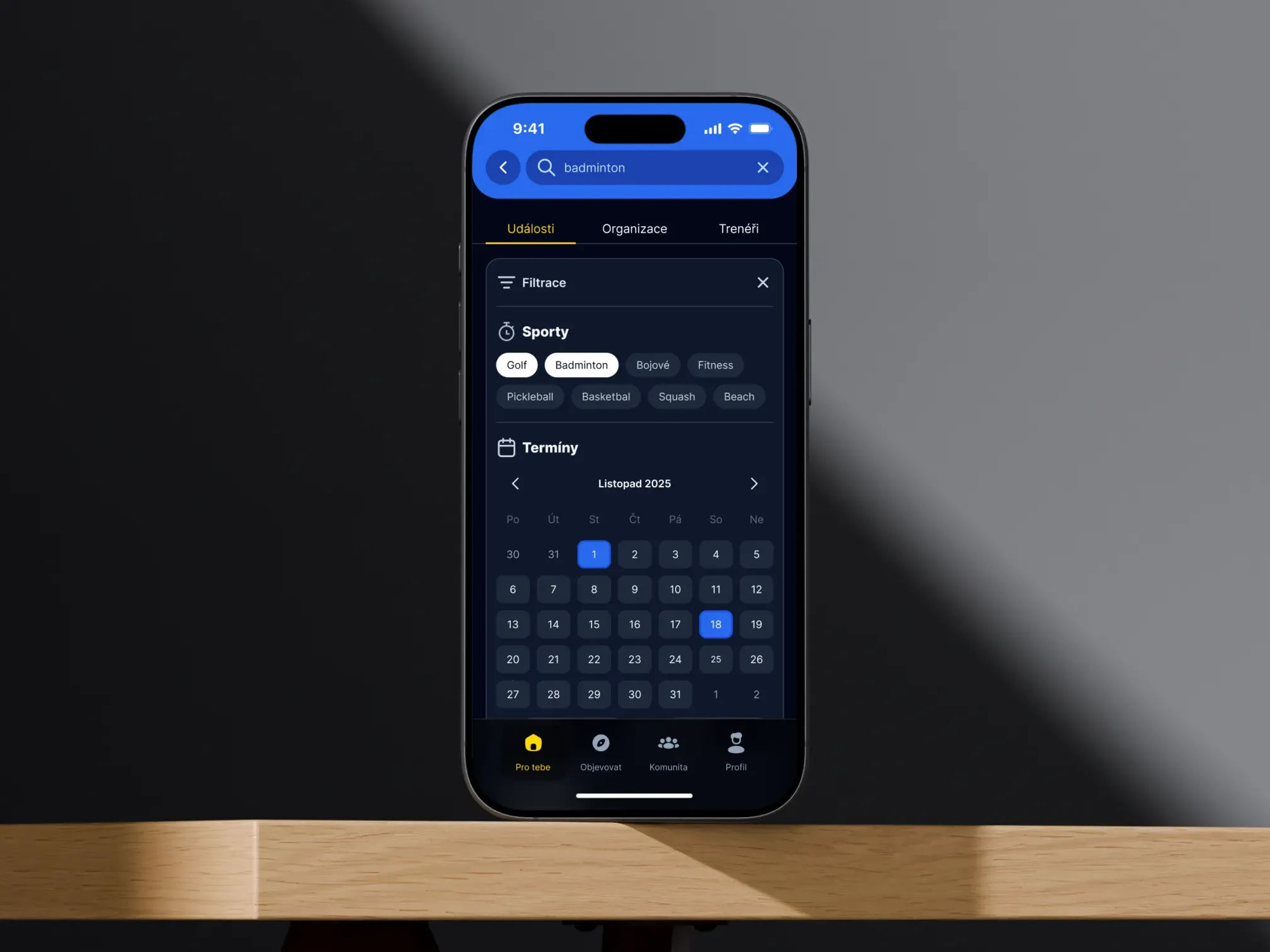 Banana Sport app search with sport and date filters