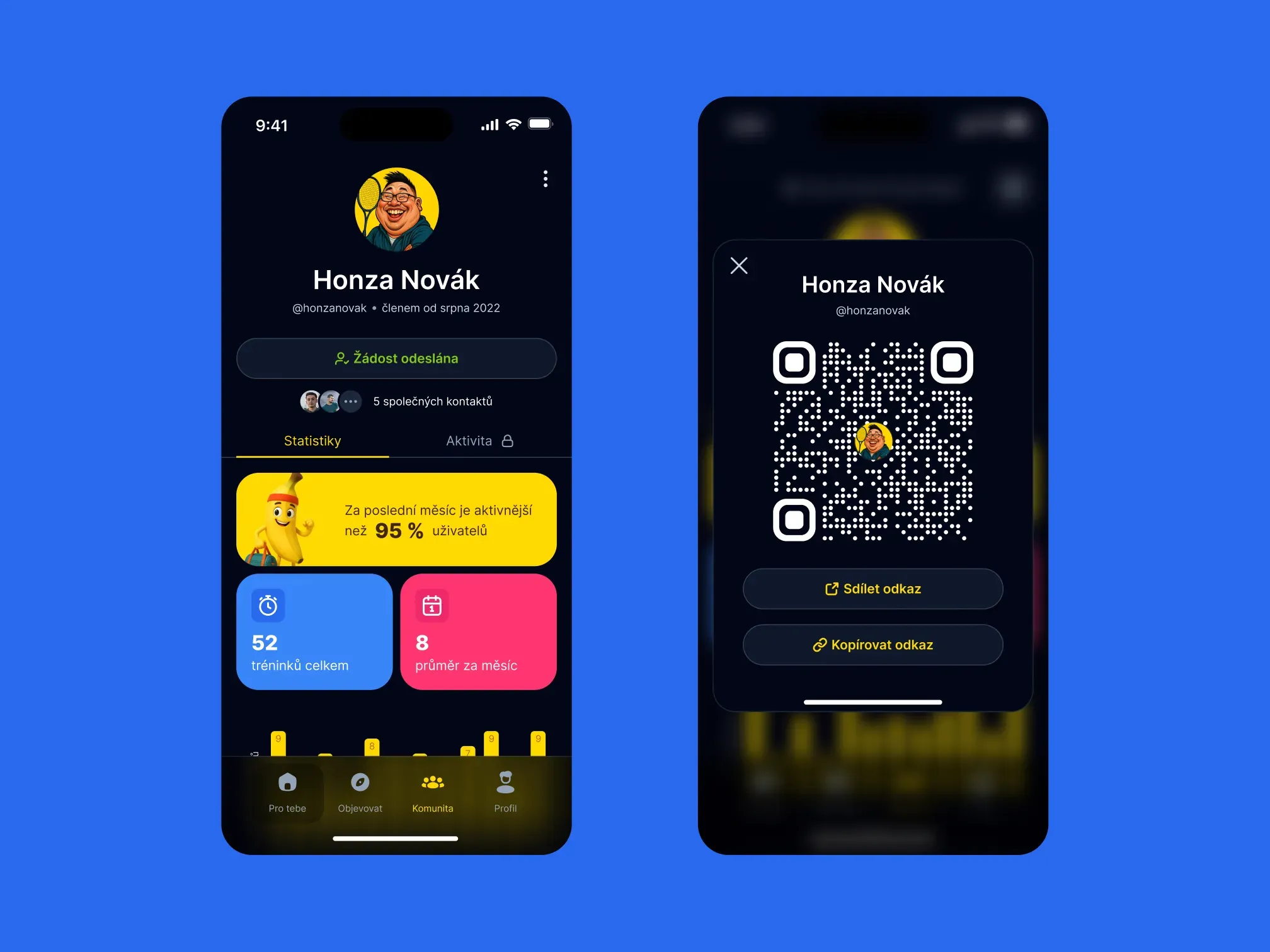 Banana Sport app profile screen and profile QR code