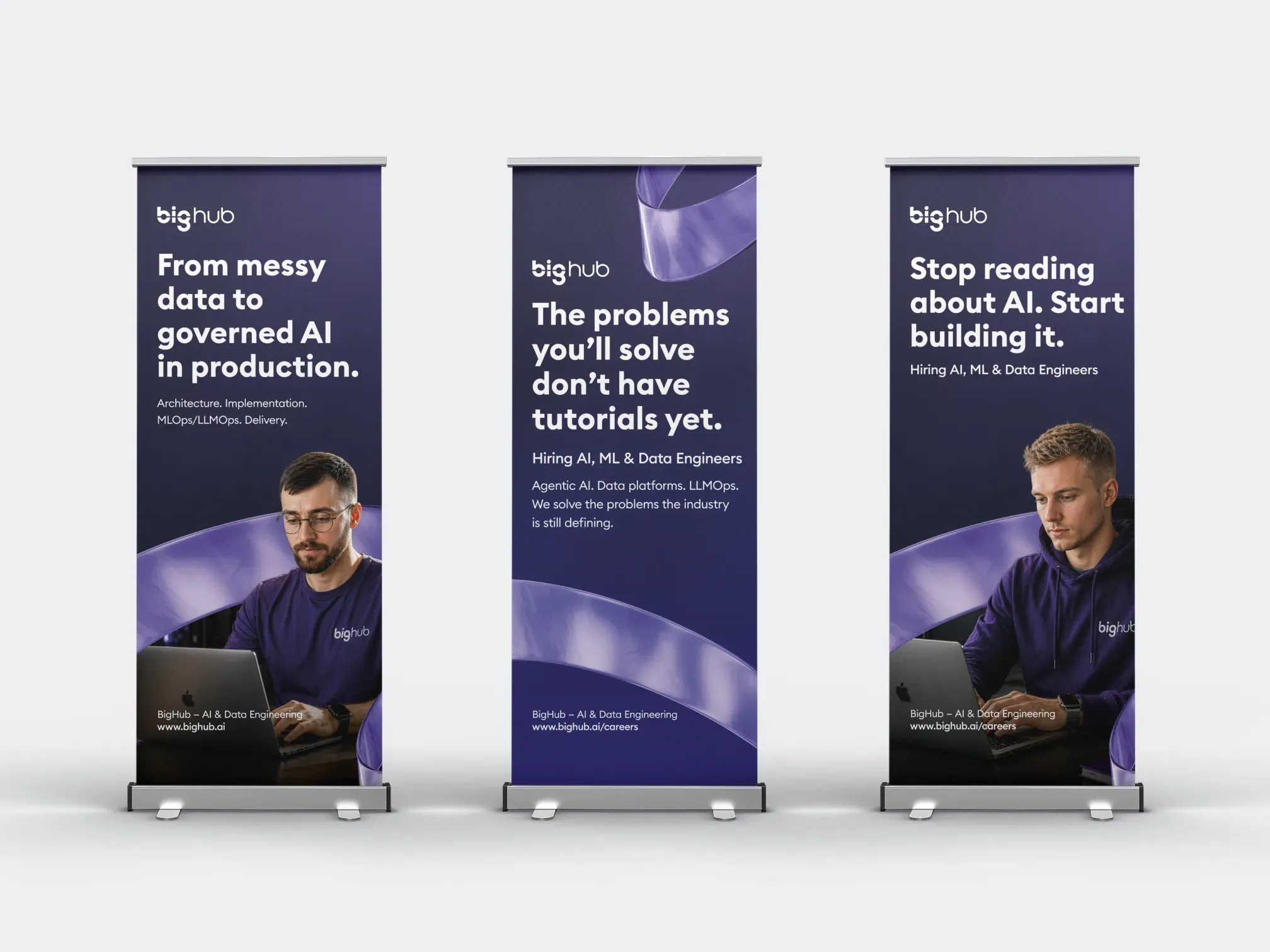 Three BigHub roll-up banners for hiring AI, ML and data engineers