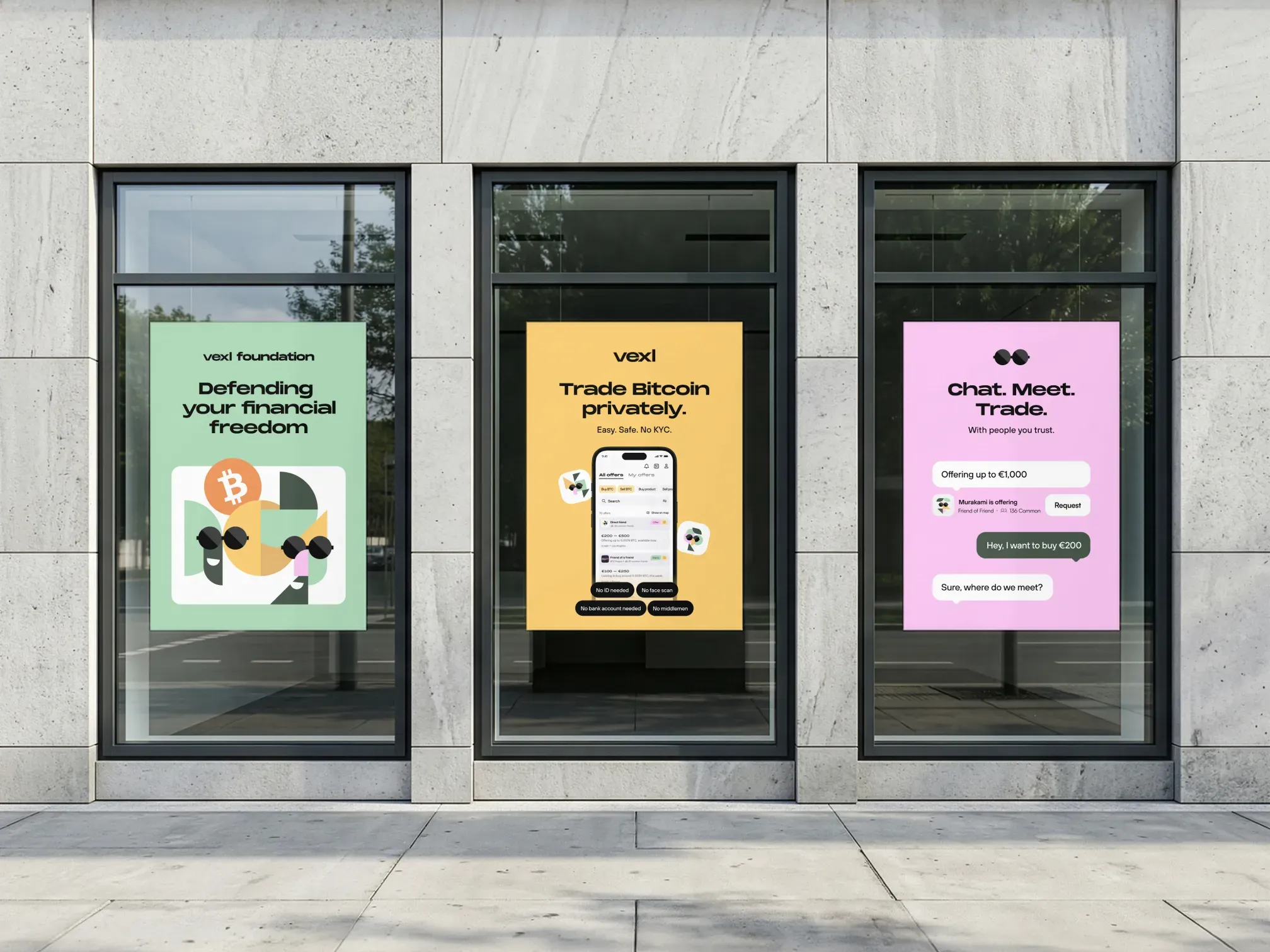 Three Vexl posters in shop windows
