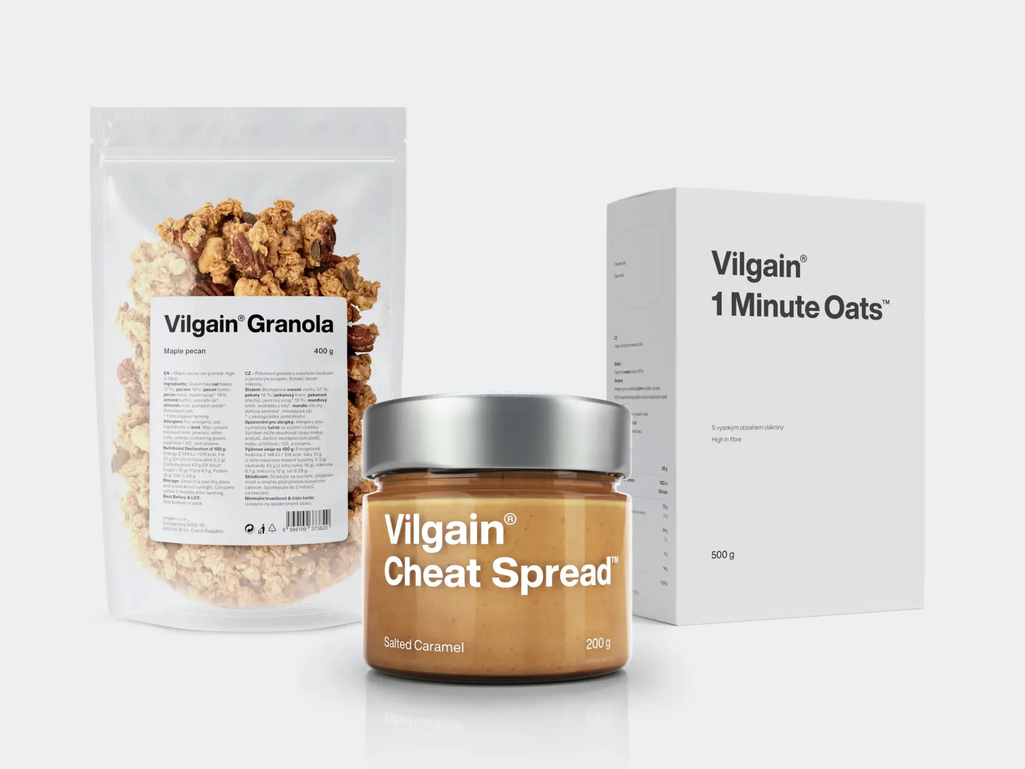 Vilgain Granola, Cheat Spread and 1 Minute Oats packaging